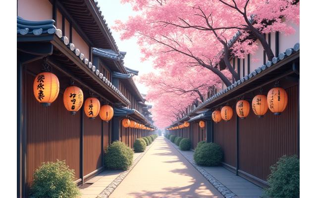 桜が咲き誇る伝統的な日本の町並み (Traditional Japanese townscape with cherry blossoms)