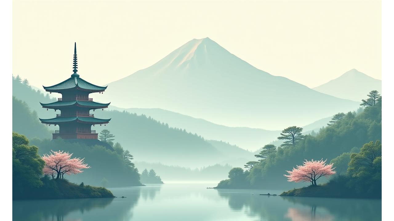 京都の寺院、霧深い山々、東京の賑やかな通りを映す日本の風景のモンタージュ (Montage of Japanese scenery featuring Kyoto temples, misty mountains, and bustling Tokyo streets)