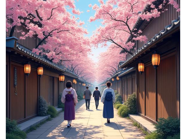 伝統的な日本の村の活気ある通りを歩く人々